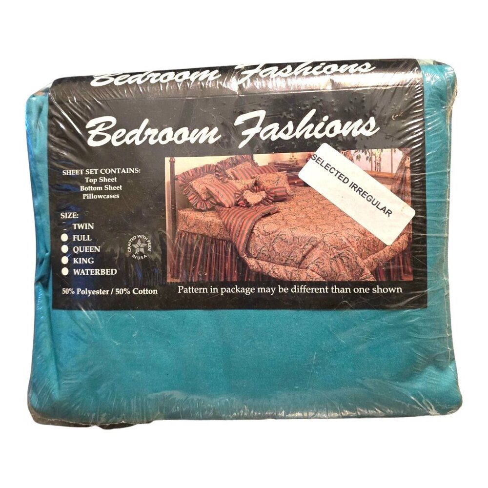 Vtg Bedroom Fashions Twin Teal Sheet Set Irregular 50% Cotton 50% Poly Made USA